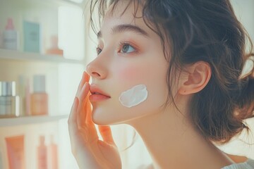 Wellness care concept, young woman applying facial skin care cream on her face while looking in the mirror, practicing daily skincare routines., Generative AI