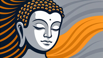 Mental Health and Self-care Digital concept. Buddha illustration with flowing lines and a serene expression.