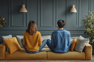Family problem concept, Asian wife and husband sitting back to back in the living room, emotionally disconnected after an argument., Generative AI