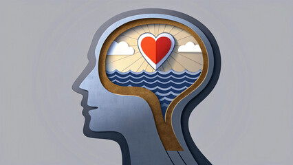Mental Health and Self-care Digital concept. Illustration of a brain with heart and ocean imagery inside.