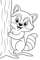 A friendly cartoon raccoon peeks playfully from behind a tree in this black and white line art, perfect for kids to color.