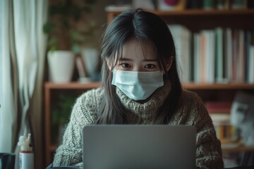 Asian teenager learning at home via the internet during the COVID-19 situation, focusing on online education., Generative AI