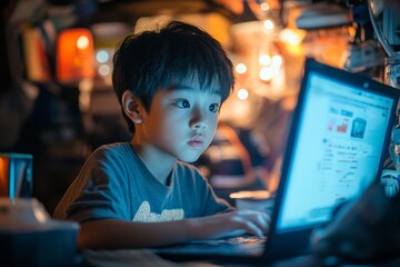 Asian teenager learning at home via the internet during the COVID-19 situation, focusing on online education., Generative AI