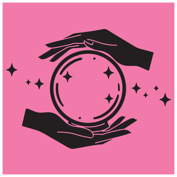 Mystical crystal ball between hands surrounded by sparkling stars on pink background