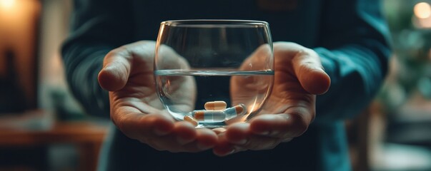 Healthcare harmony: Close-up of hands holding medication and water glass for wellness, focusing on both physical and mental health care., Generative AI