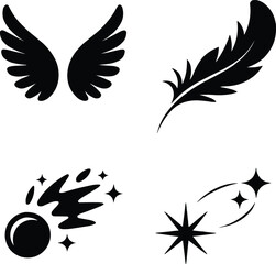 Obraz premium Black Magical Silhouette Icons with Wings, Feather and Star vector illustration,Generative Ai