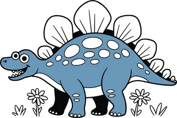 Naklejka premium Cartoon Blue Stegosaurus Dinosaur with Flowers in Outline Style vector illustration,Generative Ai