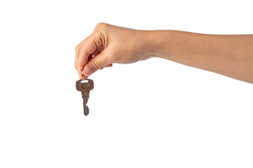 Key with a ring in hand on a transparent background.