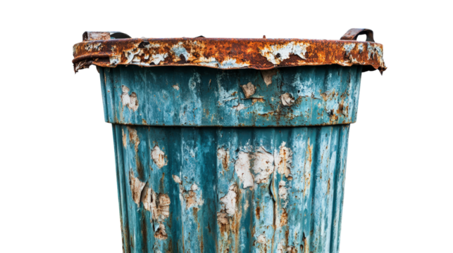 Broken old rubbish bin with visible cracks and rust, aged and worn-out look Transparent background, PNG