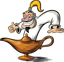 Funny Cartoon Genie Coming Out of a Golden Lamp vector illustration,Generative Ai