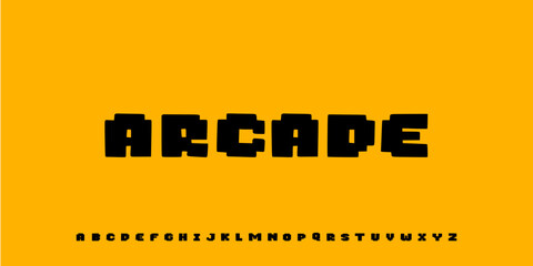 bus 8-bit game pixel font, geometric type, abstract computer typeface, english alphabet. Retro game console font typeset, English ABC vector pixelated letters alphabet 8bit mosaic symbols arcade