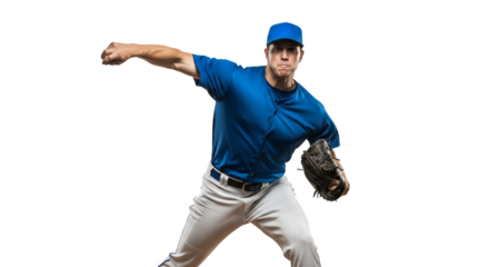 Baseball player in blue uniform throwing a pitch with glove on transparent background