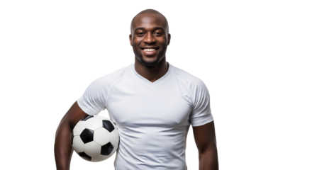 Smiling man in white shirt holding soccer ball against a transparent background