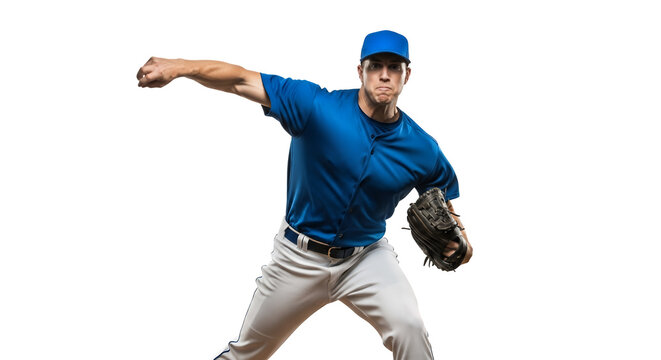 Baseball player in blue uniform throwing a pitch with glove on transparent background