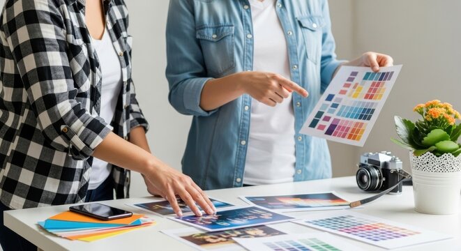 Creative team working on graphic design project with color palette and photography - Powered by Adobe