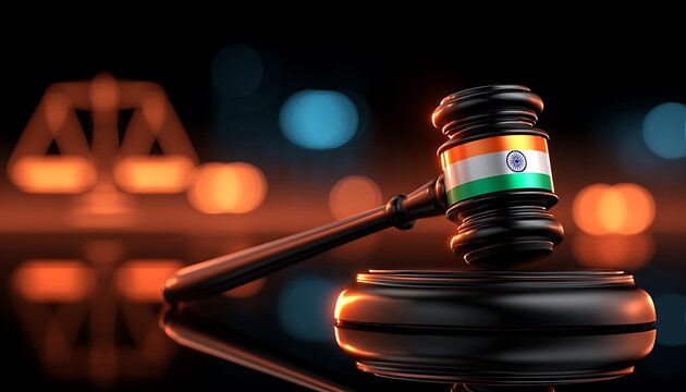 Gavel with Indian flag, justice scales