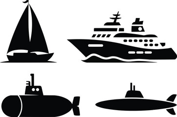 Fototapeta premium Silhouette Vector Icons of Boats and Submarines,Generative Ai