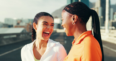 Friends, happy and women in city for fitness, running and workout for marathon training. Sports,...