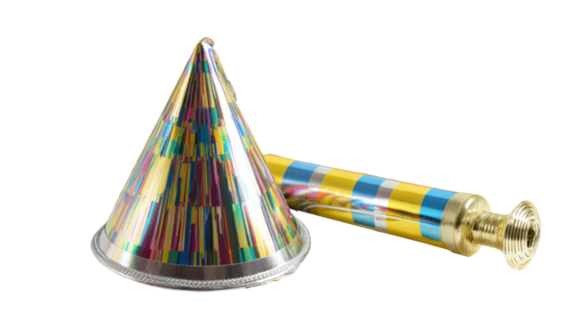 Festive celebration objects including party hat and noisemaker