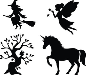 Vector silhouettes of fairy, unicorn, witch, and tree spirit ,Generative Ai