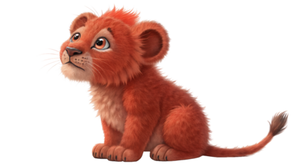 Illustration of a cute lion cub sitting and looking upwards on transparent background