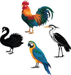 Fototapeta premium Collection of vibrant and black birds in various styles vector,Generative Ai