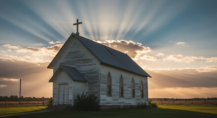 Fototapeta premium 夕日輝く教会 静寂な田園風景 神々しい光線. AI Generated