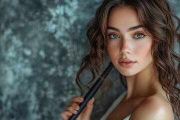 Women hairdo makeup routine. Young woman applying a curling iron to her long hair, getting ready for the day., Generative AI