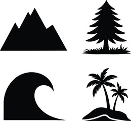 Nature landscape vector elements with mountain, tree, wave, and island  silhouette Vector,Generative Ai