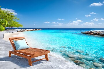 Wooden beach chair on a tropical shoreline