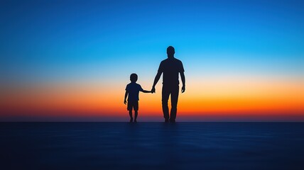 Minimalist Father's Day art - father and child holding hands silhouette against gradient sunrise horizon, symbolizing love and guidance