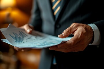 Close-up hands of a businessman holding graph paperwork on the meeting conference table, analyzing business performance and strategy., Generative AI