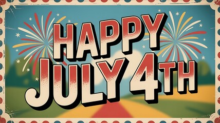 Vintage Happy July 4th Postcard Red White Blue Fireworks
