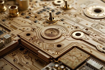 Close-up of Intricate Circuit Board with Copper Plated Patterns and Mechanical Components for Electronic Technology Background