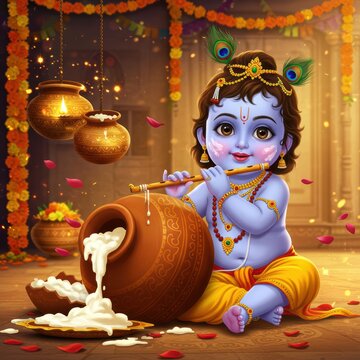 Cartoon Krishna Playing Flute with Butter Mataki Pot | Cute Janmashtami Festival Art

