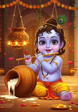 Lord Krishna in 3D Playing Flute beside Mataki Butter Pot | Vibrant Janmashtami Poster

