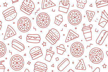 A decorative pattern of red line art showcases a variety of classic fast food items, including burgers, pizza, and hot dogs, on a white background. Vector Patterns