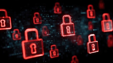 Red glowing padlock icons symbolize cybersecurity breach concept, digital data protection, hacking threat, and online security risk in dark virtual environment