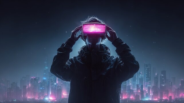 Futuristic hacker wearing virtual reality headset stands against neon cityscape, illuminated by glowing lights, evoking sense of mystery and advanced technology