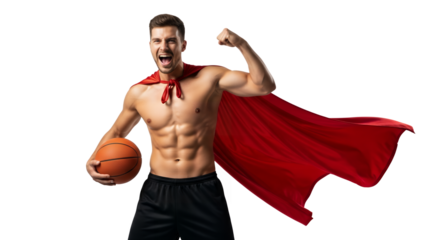 Man with cape holding basketball flexing arm and smiling wide on transparent background