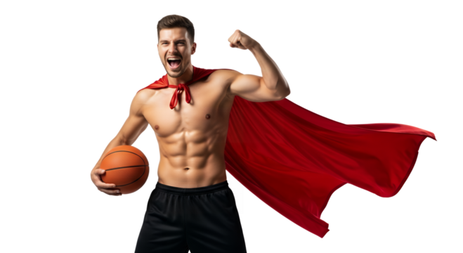 Man with cape holding basketball flexing arm and smiling wide on transparent background