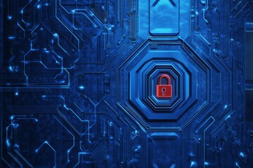 A blue background with hexagons and digital symbols representing security, such as padlocks or computer circuits. In the center is an icon of a lock on a red button