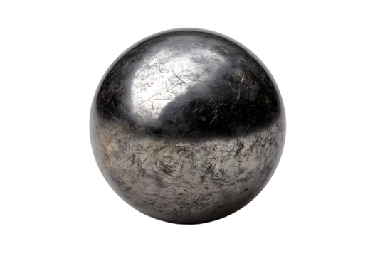 A single, dark grey metal sphere with a scratched surface isolated on transparent background