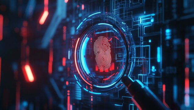 A digital fingerprint being digitized by the mainframe computer, with blue and red lighting effects in an abstract background of circuitry