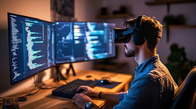 A man wearing virtual reality goggles works on coding with three large monitors displaying programming scripts in a dimly lit room.
