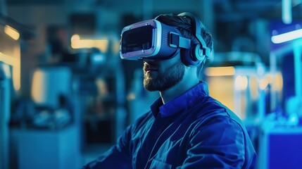 A man wearing a virtual reality headset and headphones immersed in a futuristic digital environment with blue lighting.