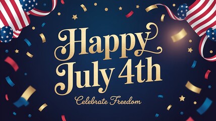 Gold Happy July 4th Greeting Card Blue Background Stars Confetti