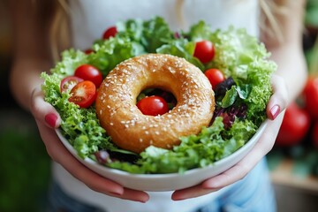 Woman on a diet for good health, choosing salad vegetables over a donut for a healthier lifestyle., Generative AI