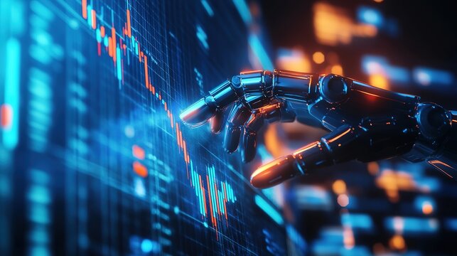 A robotic hand interacts with a digital screen displaying fluctuating financial or data graphs illuminated in blue and orange hues.