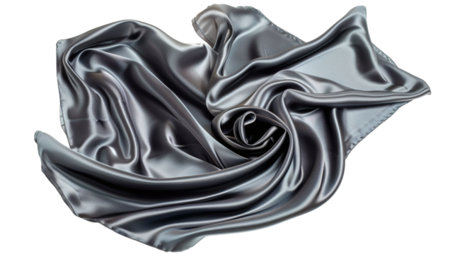 Swirling grey silk fabric caught mid-air isolated on a white background